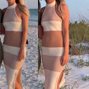 Indikah Neutral Stripe Knit Halter Midi Dress XS